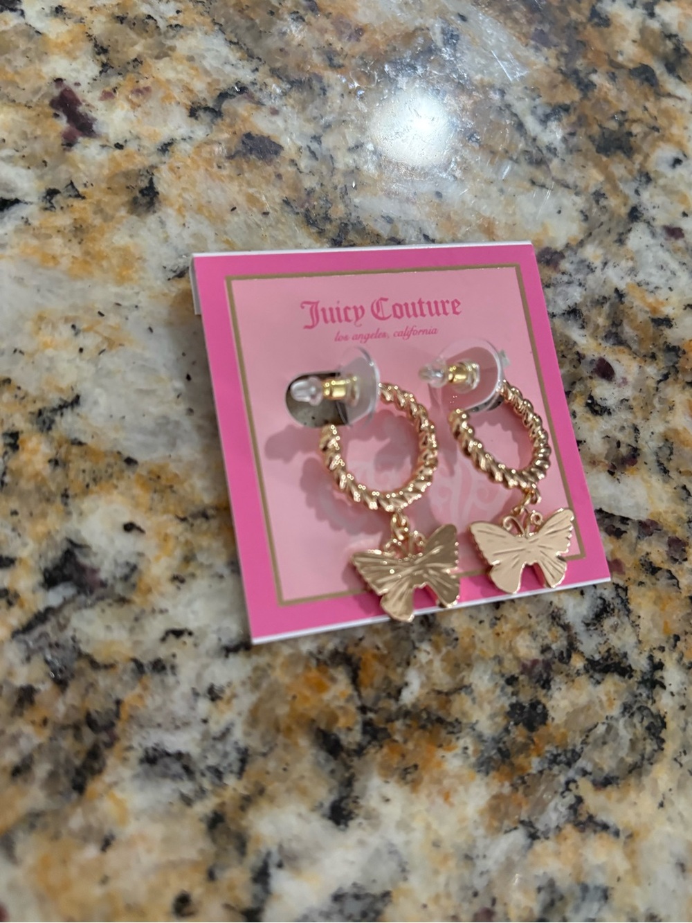 Juicy Couture Gold Butterfly Hoop Earrings - Pink Carded